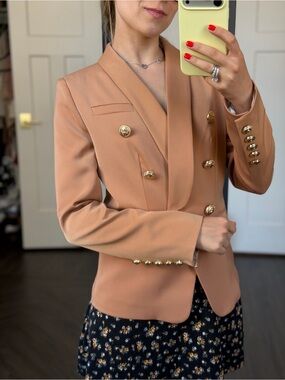 Womens Double-Breasted Tan Blazer with Gold Buttons